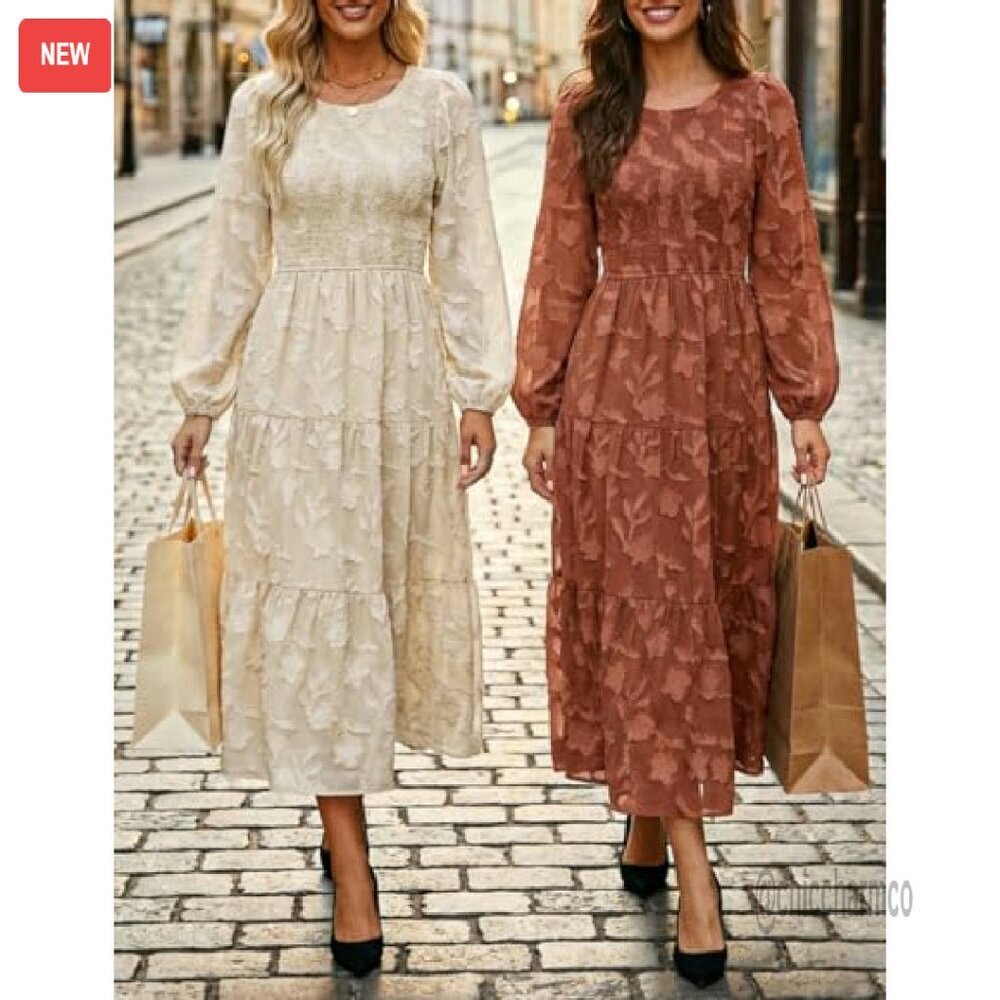 Boho Floral Midi Dress Long Sleeve Crewneck Flow Wedding Guest - Picture 7 of 8